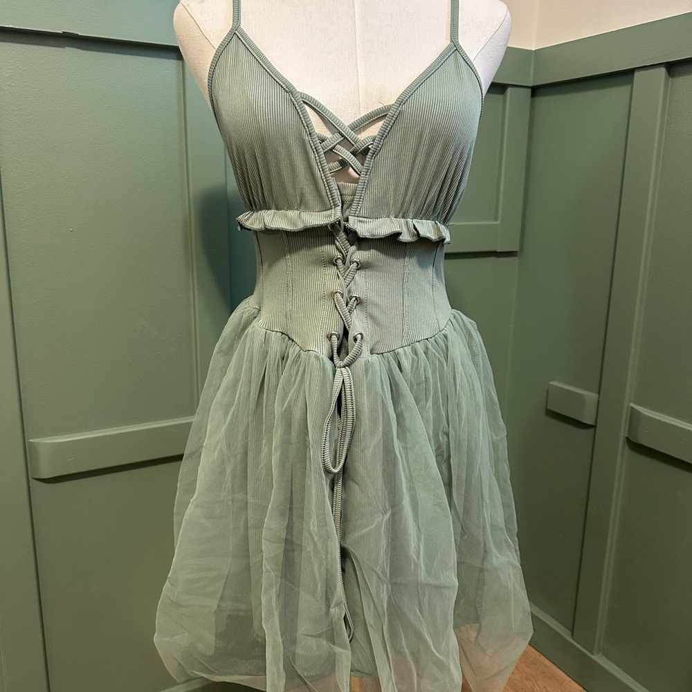 Green Strappy Dress with Tulle Skirt
